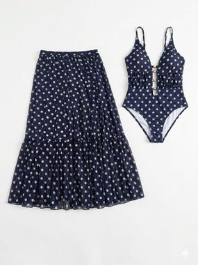 NWOT Navy Polka Dot One-Piece Swimsuit & Mesh Maxi Tiered Skirt Set Retro Size L